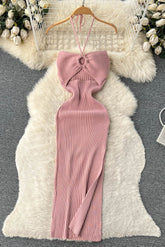 Robe en tricot slim dos nu ajourée pour femme, robe longue élégante